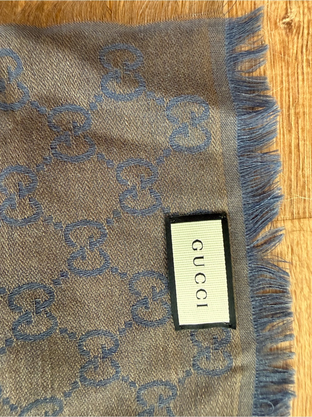 Gucci Blue and Gray GG Jacquard Fringed Scarf